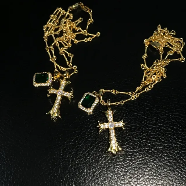 Chrome Hearts Cross Pavé Crystal Gold-Tone Dual Pendant Necklace 2