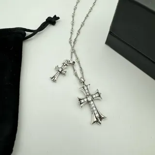Chrome Hearts Cross Pendant Necklace Silver-Toned Pavé Double Cross Necklaces