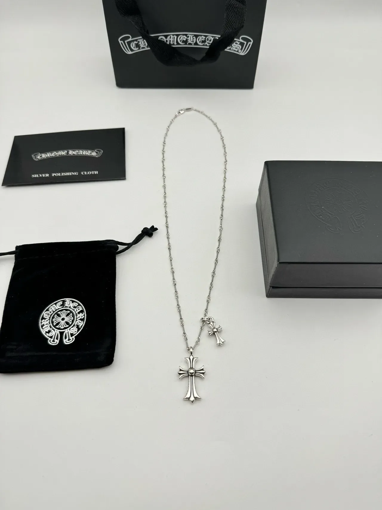Chrome Hearts Cross Pendant Necklace Silver-Toned Pavé Double Cross Necklaces 14