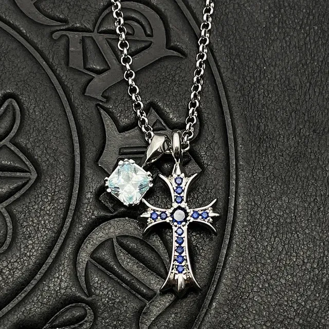 Chrome Hearts Cross Pendant Silver Black Gothic Pavé-Set Crystals Necklace 2