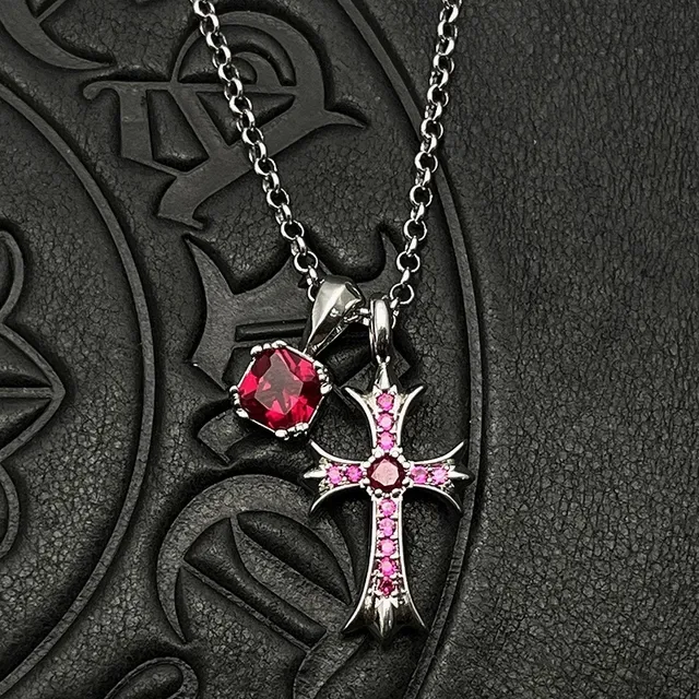 Chrome Hearts Cross Pendant Silver Black Gothic Pavé-Set Crystals Necklace 4