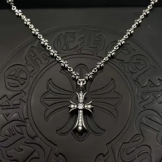 Chrome Hearts Cross Pendant Silver Black Ornate Pavé-Set Stones Necklace