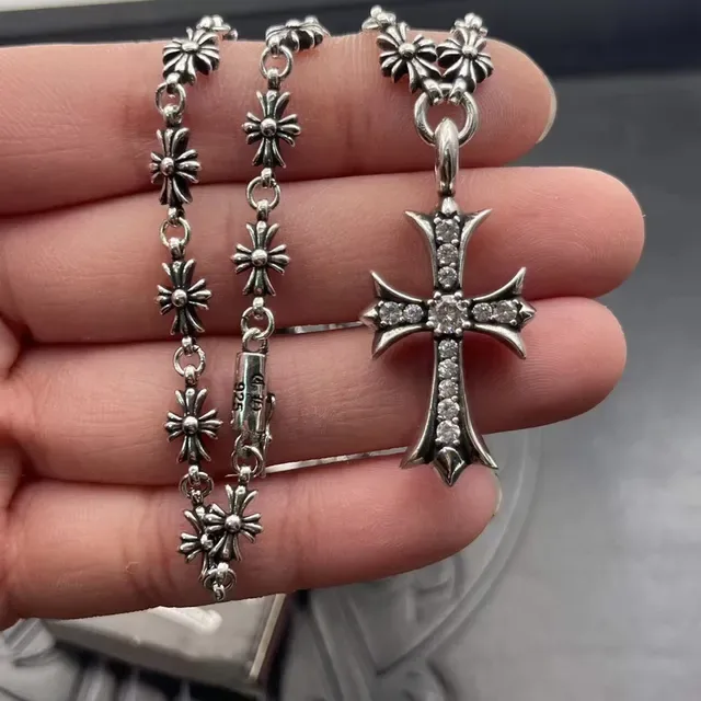 Chrome Hearts Cross Pendant Silver Black Ornate Pavé-Set Stones Necklace 4