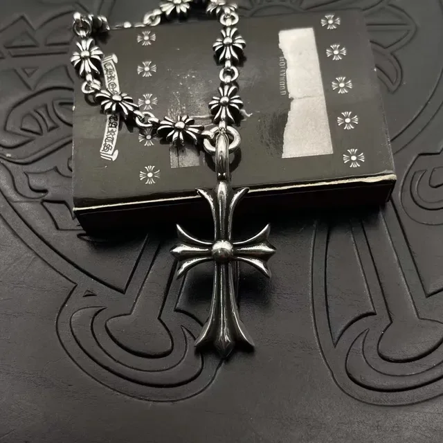 Chrome Hearts Cross Pendant Silver Black Ornate Pavé-Set Stones Necklace 7