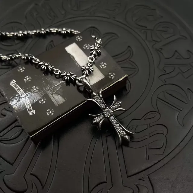 Chrome Hearts Cross Pendant Silver Black Ornate Pavé-Set Stones Necklace 8