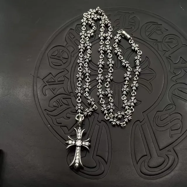 Chrome Hearts Cross Pendant Silver Black Ornate Pavé-Set Stones Necklace 9