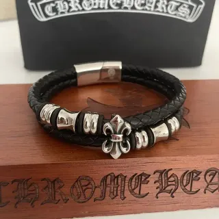 Chrome Hearts Fleur de Lis Barrel Bead Double-Wrap Leather Bracelet