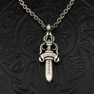 Chrome Hearts Heart Sword Engraved Silver Necklace