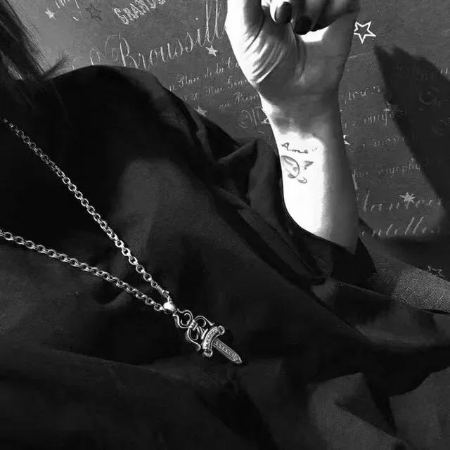 Chrome Hearts Heart Sword Engraved Silver Necklace 2