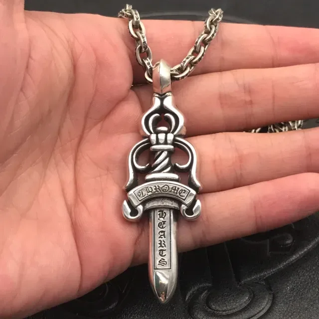Chrome Hearts Heart Sword Engraved Silver Necklace 5
