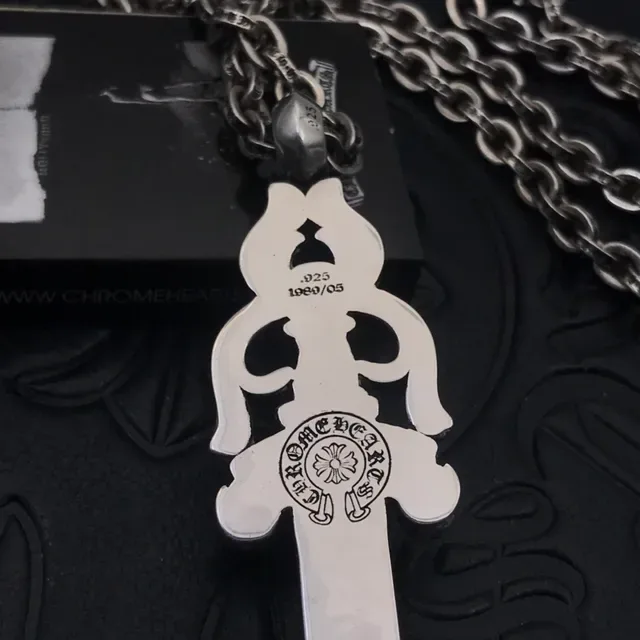 Chrome Hearts Heart Sword Engraved Silver Necklace 6