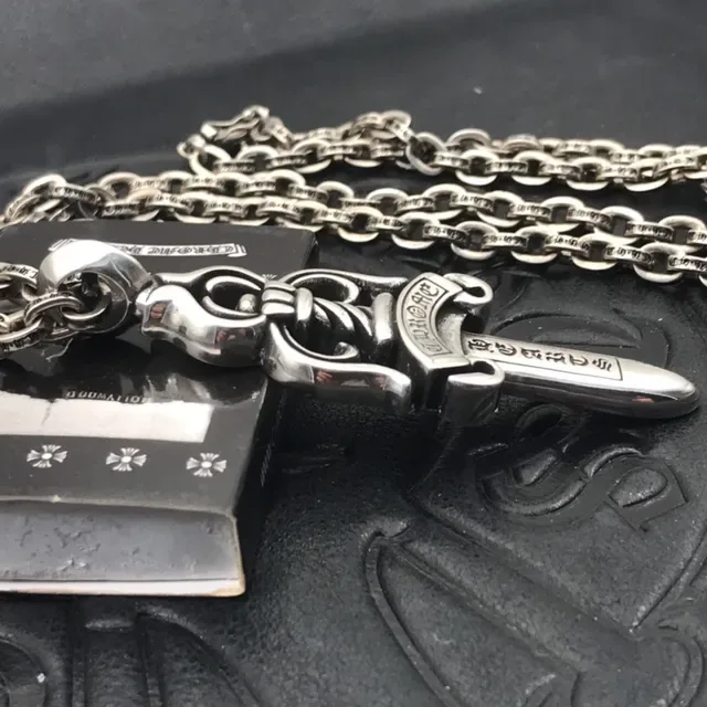 Chrome Hearts Heart Sword Engraved Silver Necklace 7