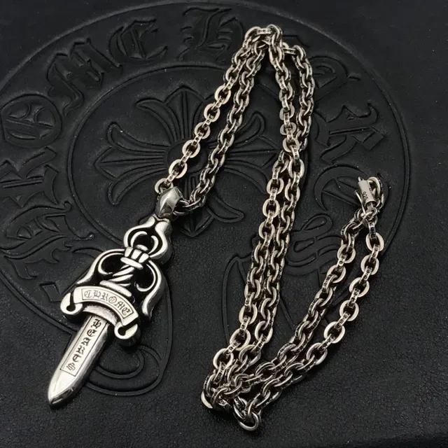 Chrome Hearts Heart Sword Engraved Silver Necklace 9