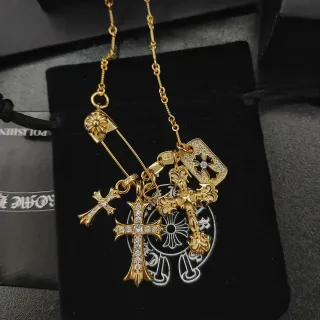 Chrome Hearts Multi Cross Pendant Necklace Gold White Pavé-Set Crystals Necklace