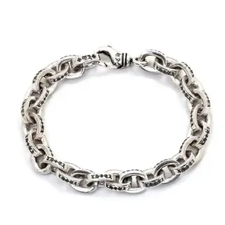 Chrome Hearts Silver Black Heavy Curb-Link Engraved Cross And Heart Motifs Bracelet
