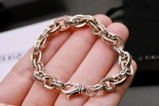 سوار كروم هارتس فضة أسود سلاسل كيرب لينك ثقيلة منقوشة صليب وقلب 6
