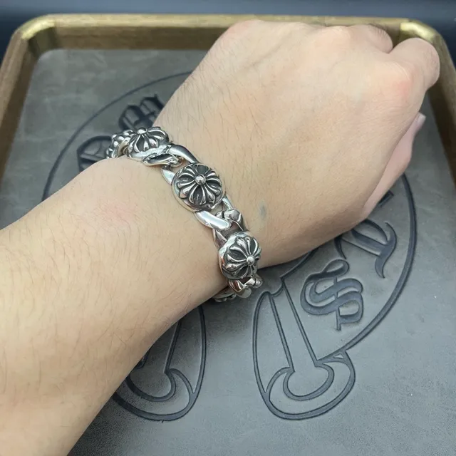 كروم هارتس سوار فضي سلسلة كيرب ثقيلة نقشات ميداليون زهور مرفوعة 4