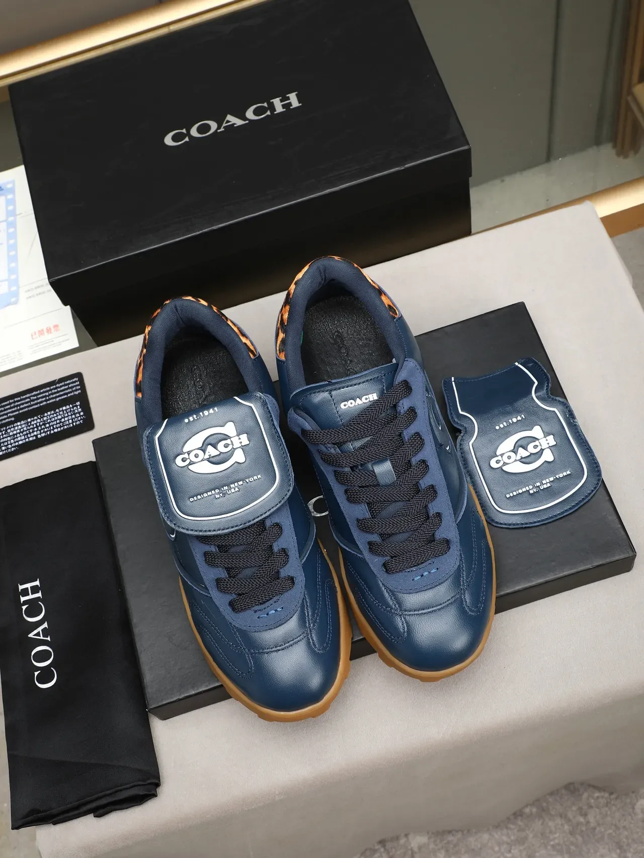 Coach C-Logo Lifestyle Sneaker Navy Brown Leather Upper Leopard-Print Heel Tab Lifestyle Sneakers 2