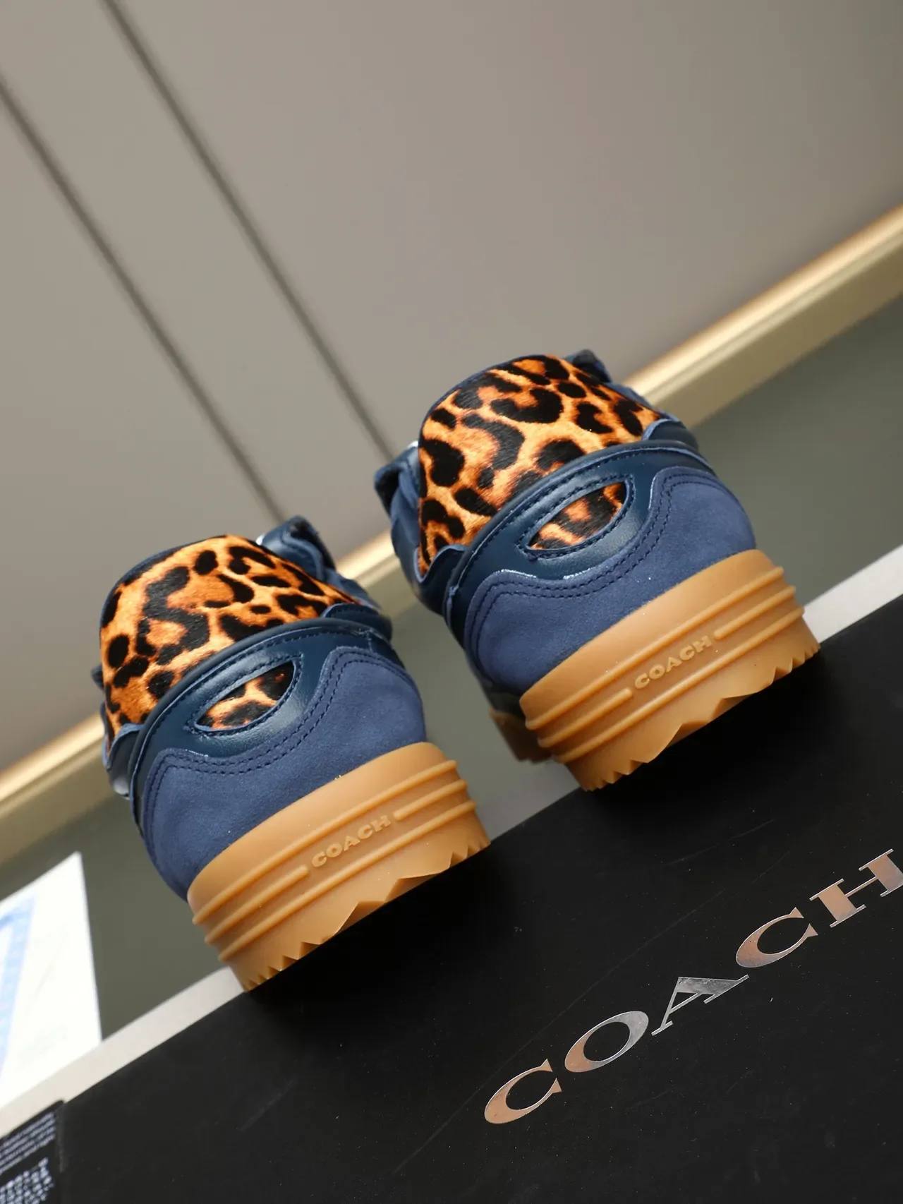 Coach C-Logo Lifestyle Sneaker Navy Brown Leather Upper Leopard-Print Heel Tab Lifestyle Sneakers 3
