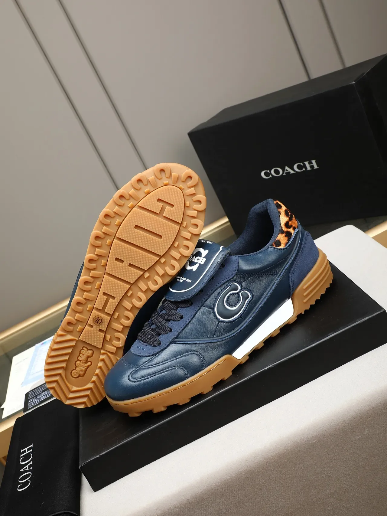 Coach C-Logo Lifestyle Sneaker Navy Brown Leather Upper Leopard-Print Heel Tab Lifestyle Sneakers 4