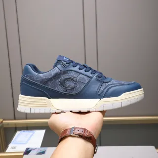 Coach Navy Beige Leather Upper Embossed C-Logo Lifestyle Sneakers