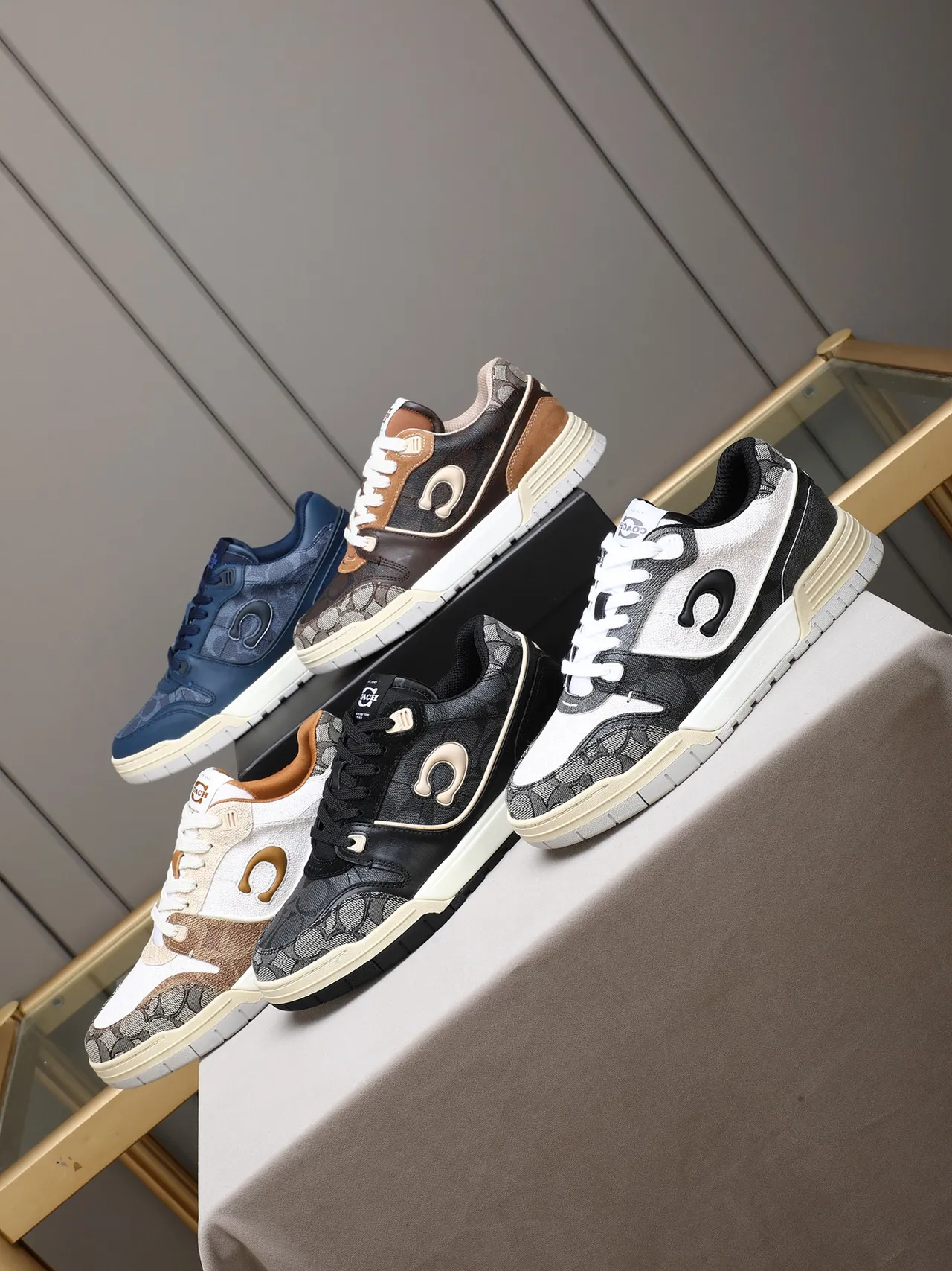 Coach Navy Beige Leather Upper Embossed C-Logo Lifestyle Sneakers 2