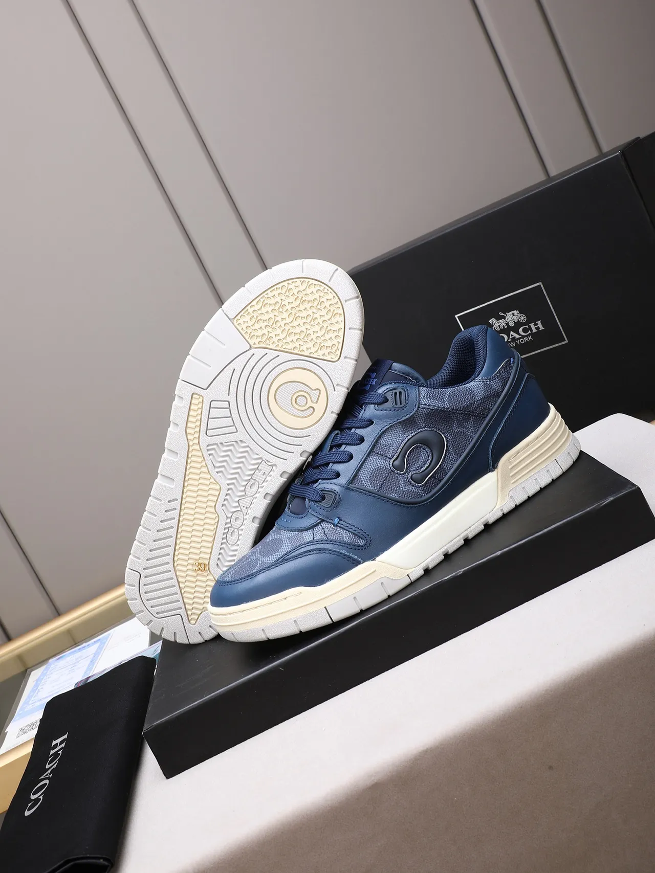 Coach Navy Beige Leather Upper Embossed C-Logo Lifestyle Sneakers 5
