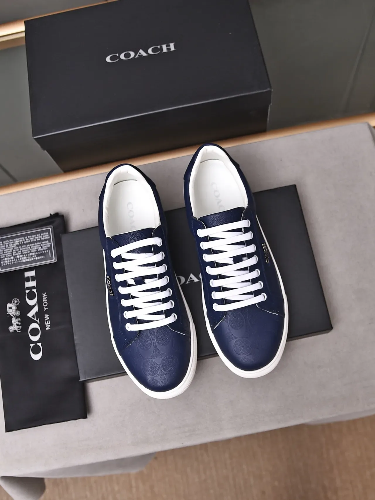 Coach Navy Embossed Signature Leather Low-Top Sneakers 2
