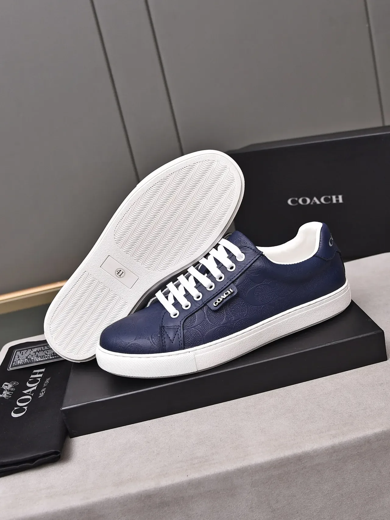 Coach Navy Embossed Signature Leather Low-Top Sneakers 4