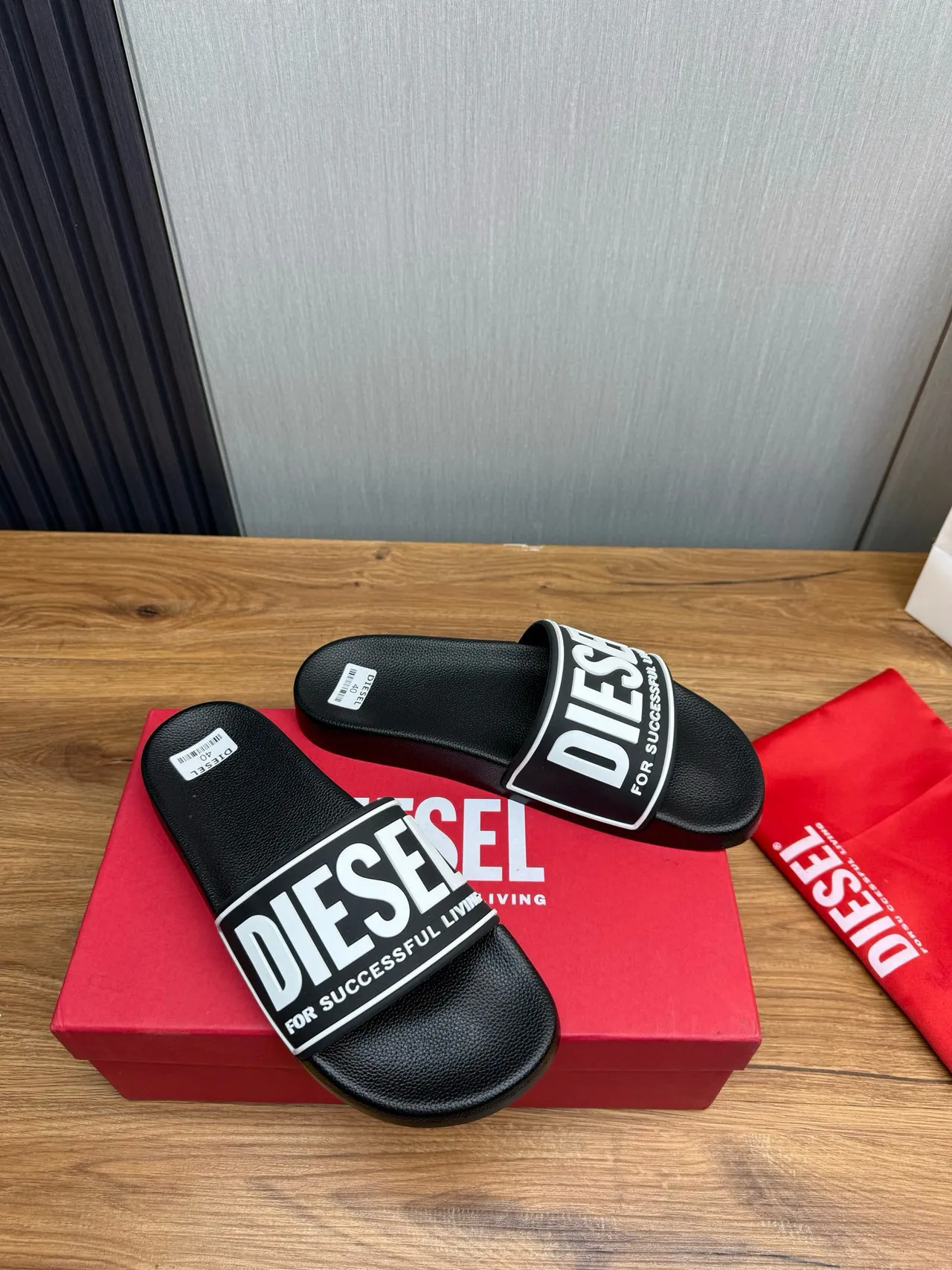 Diesel Successful Living Logo Strap Black Slippers 5