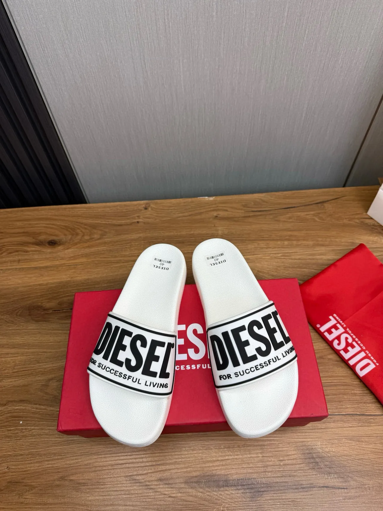 Diesel White Black Molded Rubber Sole Wide Branded Strap Slippers 2