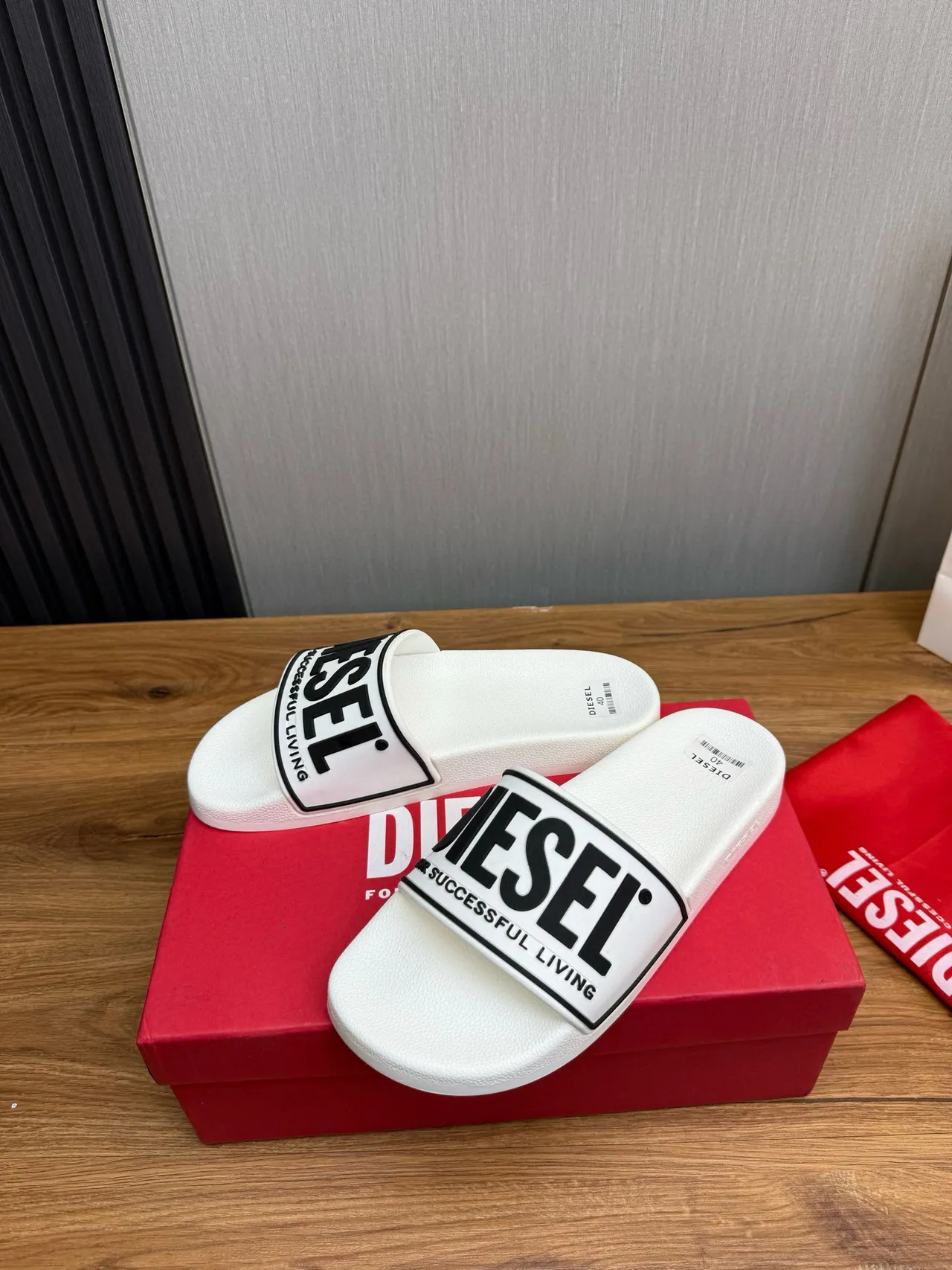 Diesel White Black Molded Rubber Sole Wide Branded Strap Slippers 3