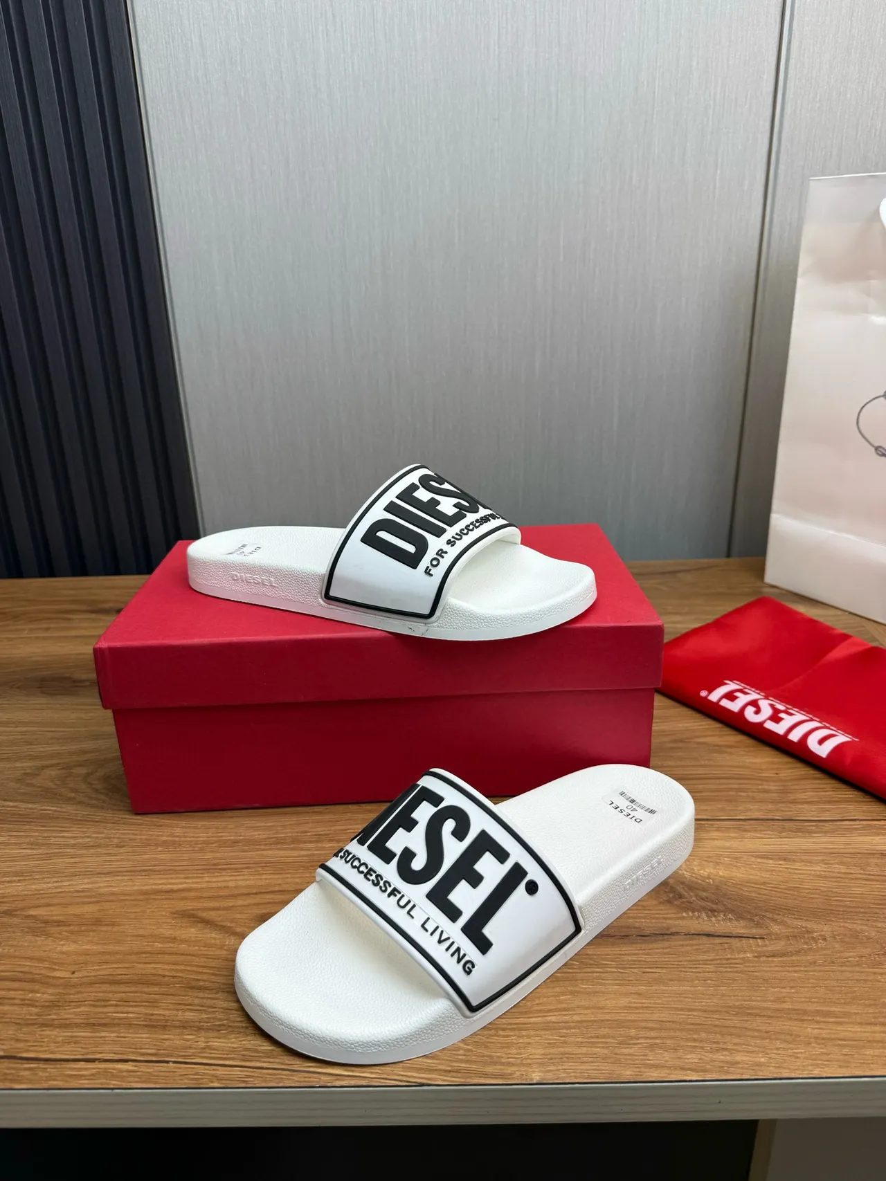 Diesel White Black Molded Rubber Sole Wide Branded Strap Slippers 4