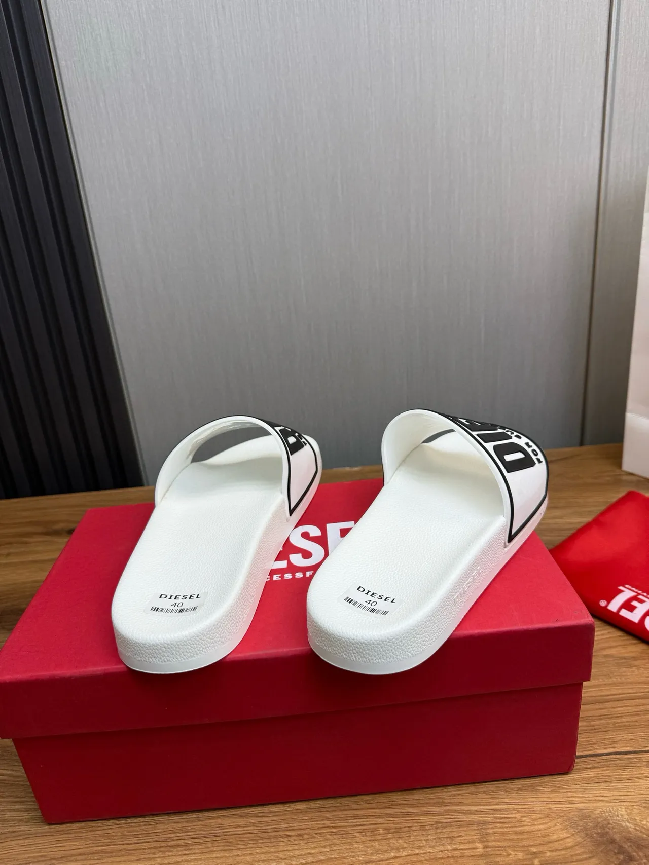 Diesel White Black Molded Rubber Sole Wide Branded Strap Slippers 5