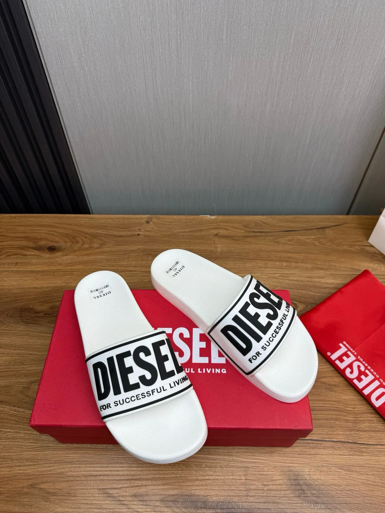 Diesel White Black Molded Rubber Sole Wide Branded Strap Slippers 6