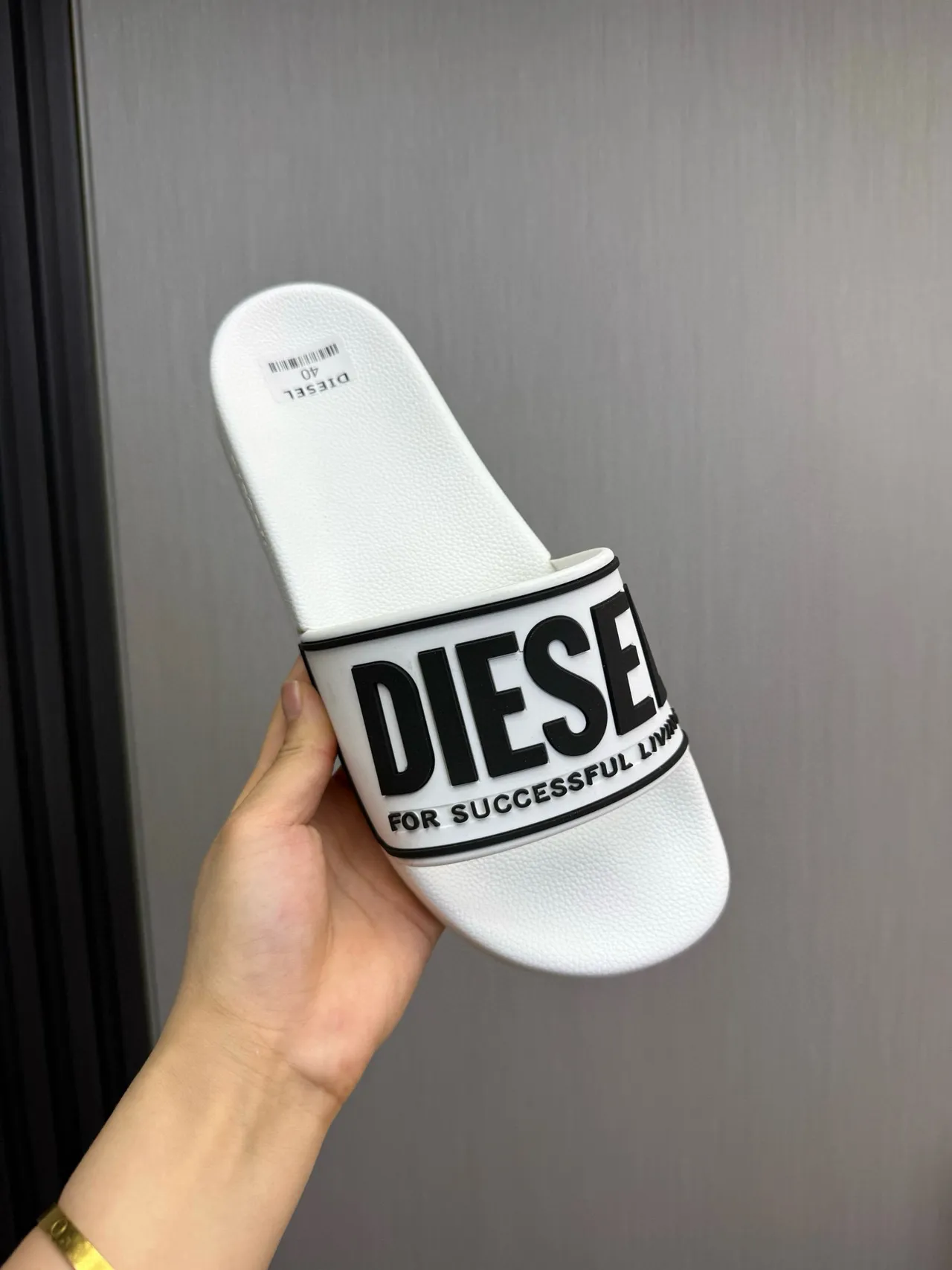 Diesel White Black Molded Rubber Sole Wide Branded Strap Slippers 8