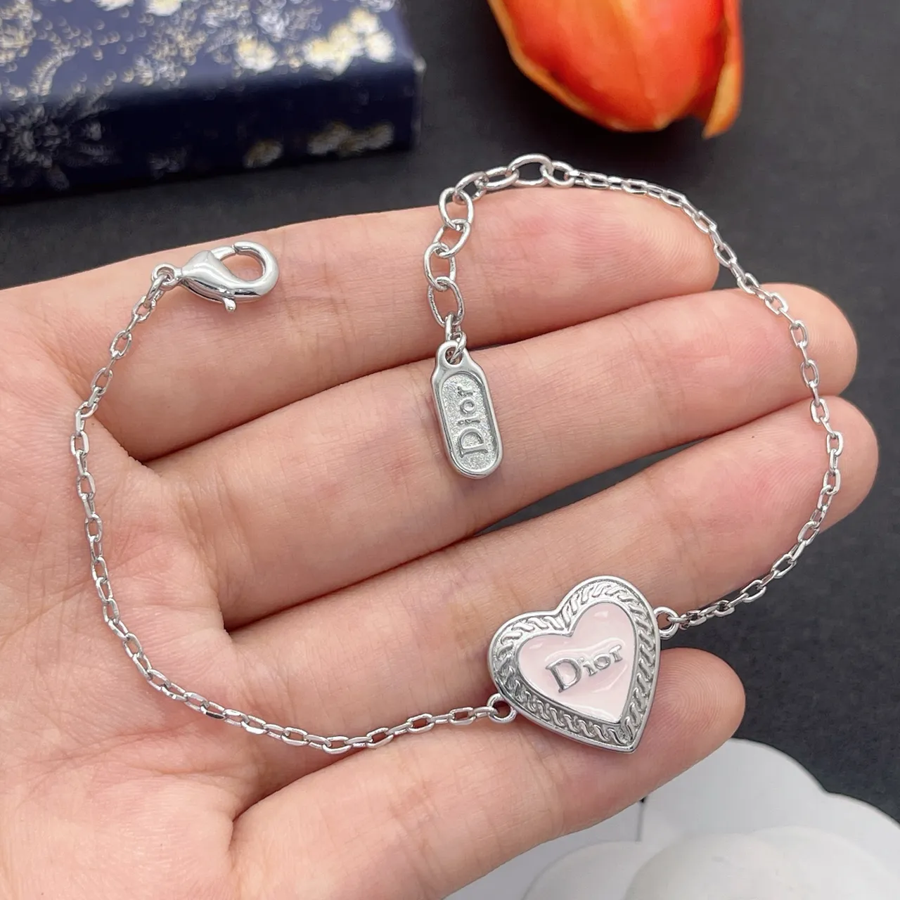 Dior Ami de Coeur Silver Chain Heart Pendant Bracelet 8