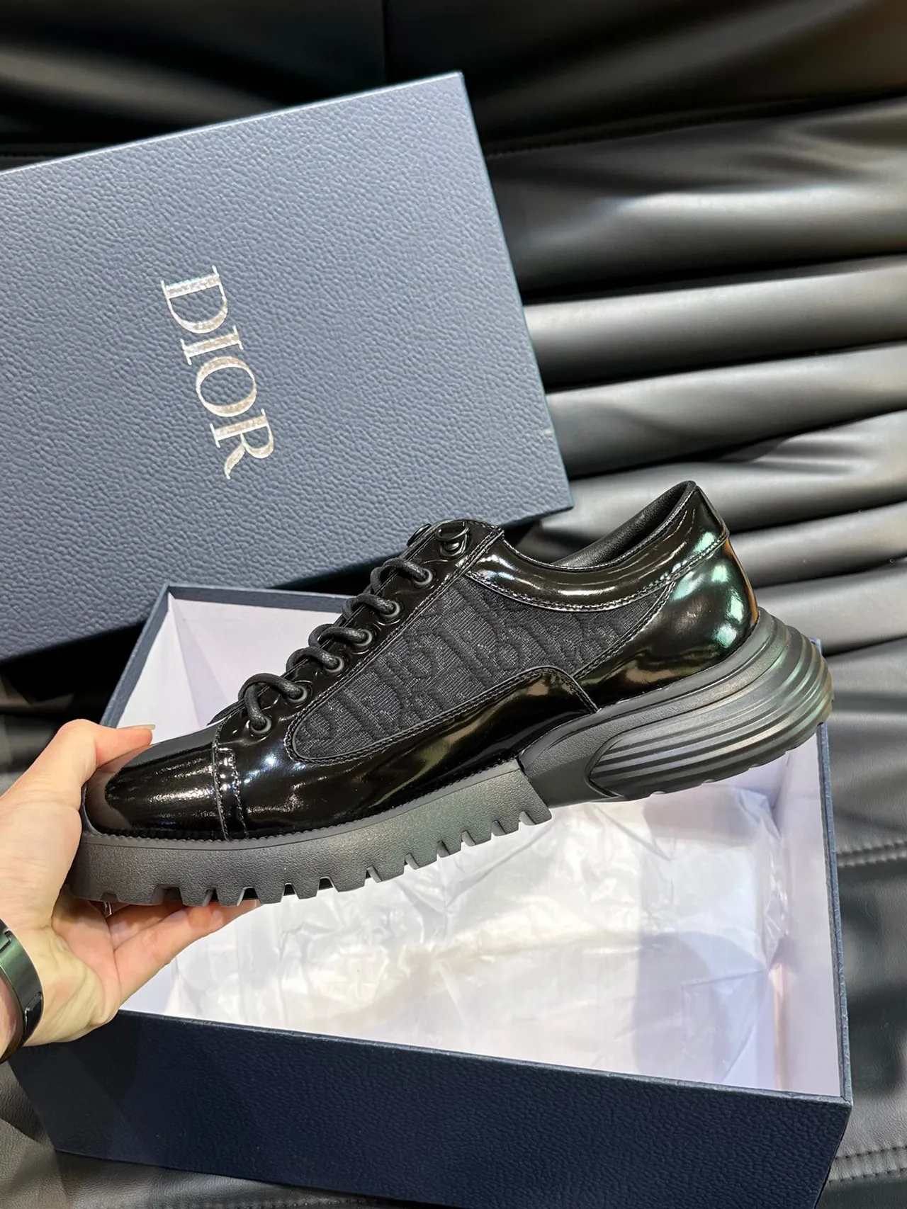 Dior B23 Black Patent and Oblique Jacquard Chunky Sneakers 6