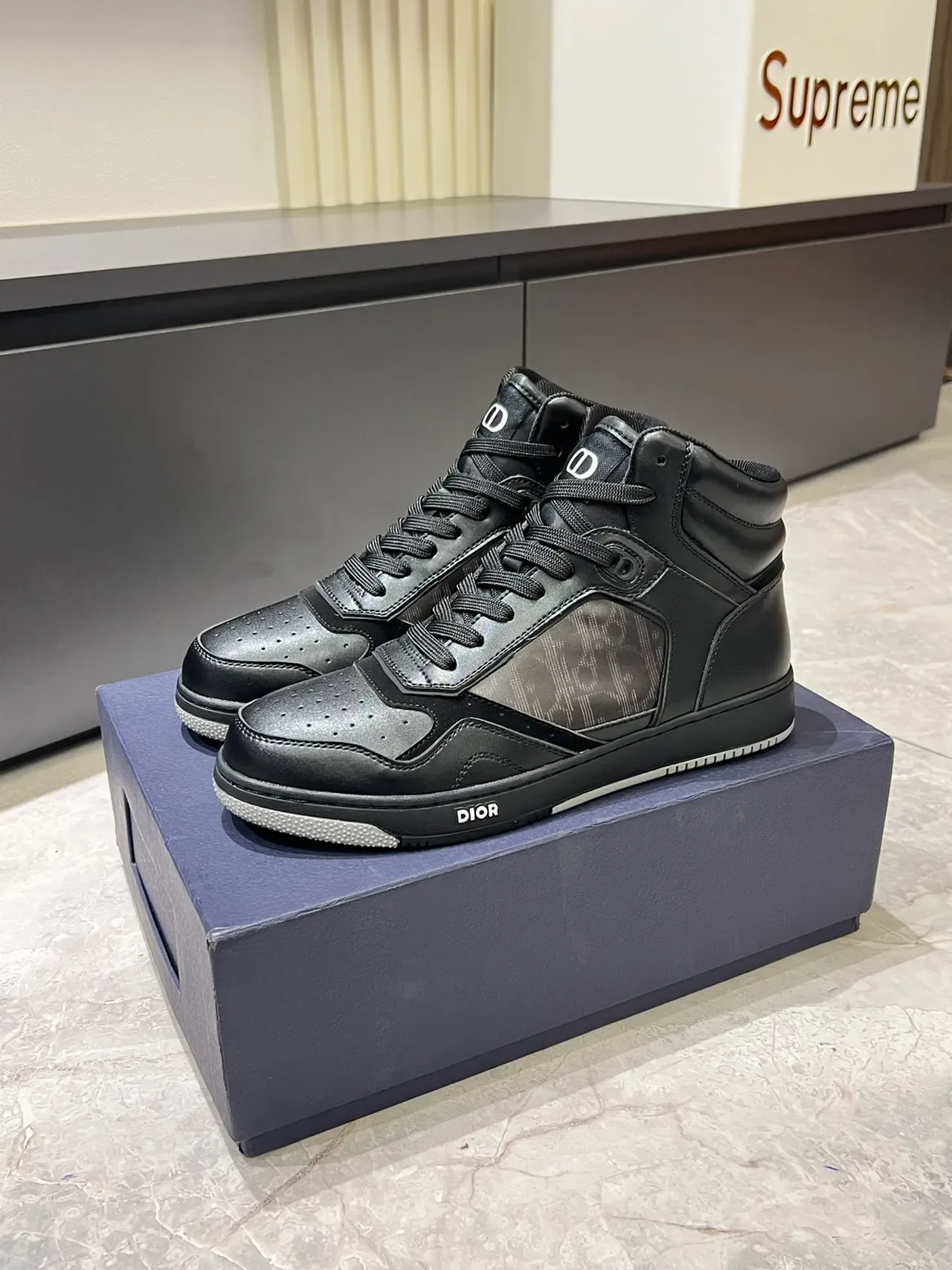Dior B23 High Top Black Leather Monogram Lifestyle Sneakers 4