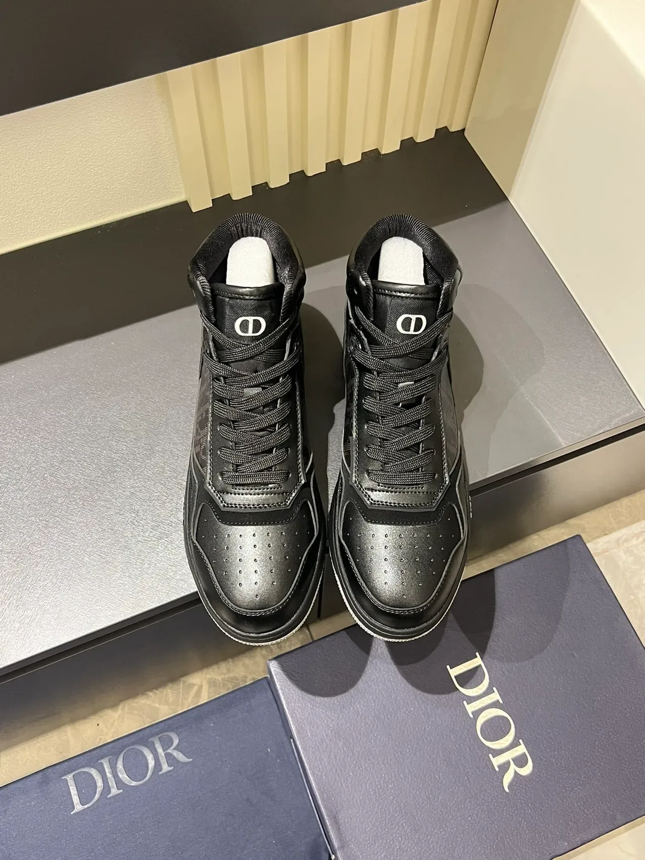 Dior B23 High Top Black Leather Monogram Lifestyle Sneakers 5
