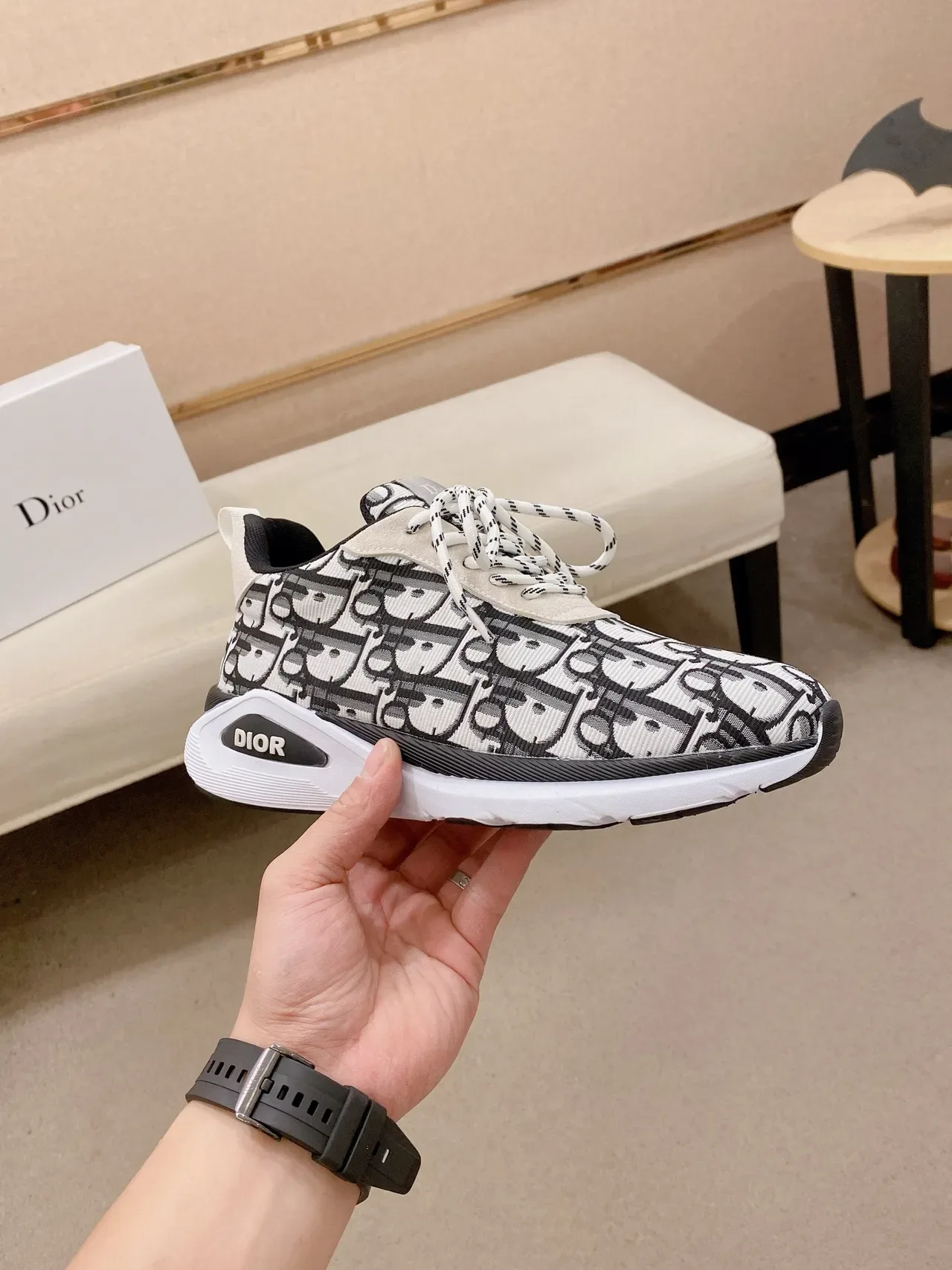 Dior Bege Preto Monograma Jacquard Upper Escultido Branco Médiasola Lifestyle Sneakers 4