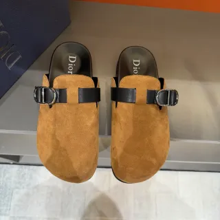 Dior भूरा काला स्यूड ऊपरी डबल लेदर स्ट्रैप स्लिपर्स