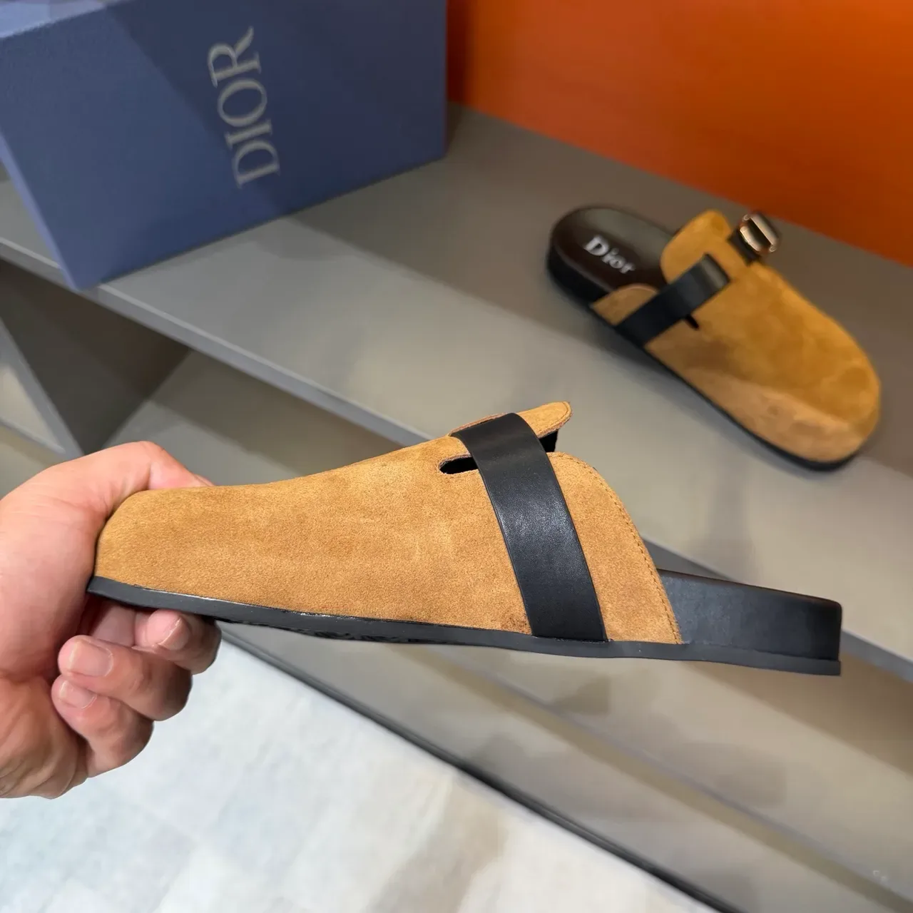 Dior Beige Black Suede Upper Double Leather Strap Slippers 2