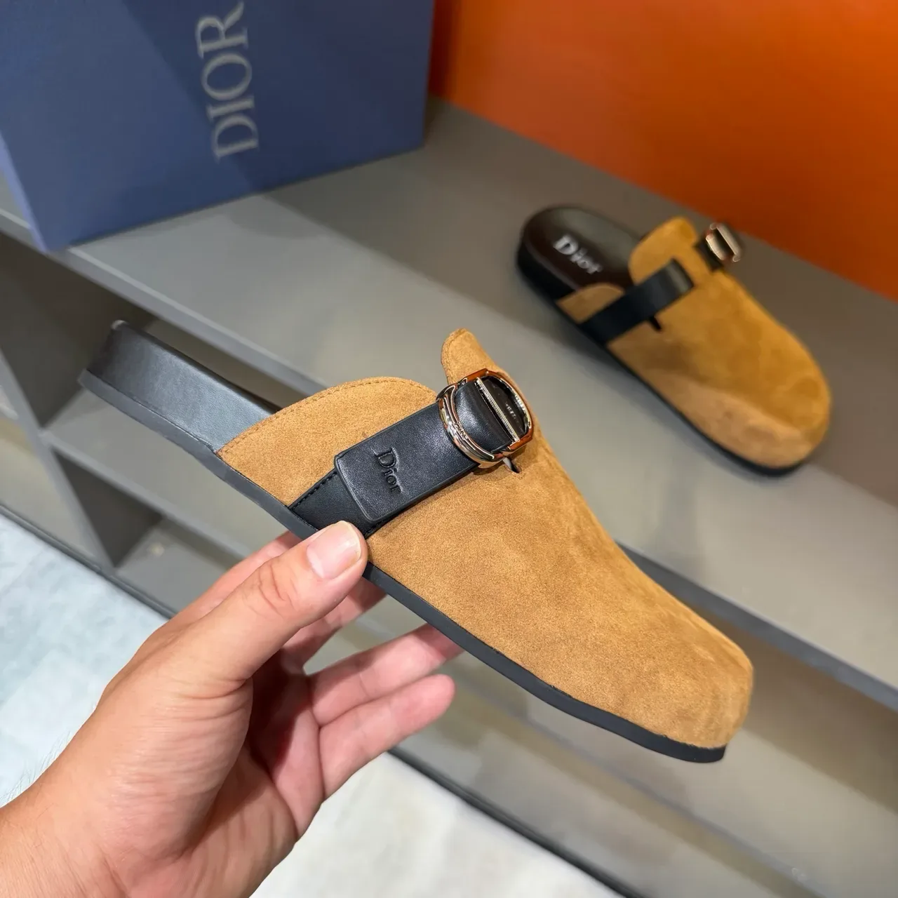 Dior Beige Black Suede Upper Double Leather Strap Slippers 3