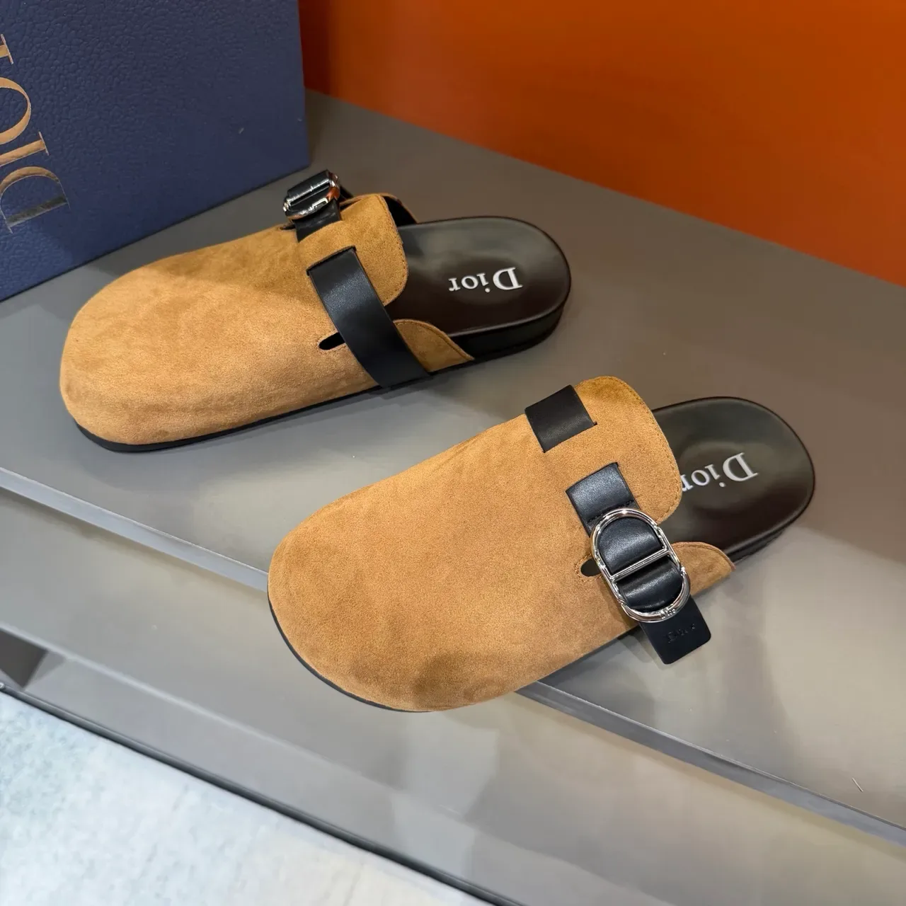 Dior Beige Black Suede Upper Double Leather Strap Slippers 4
