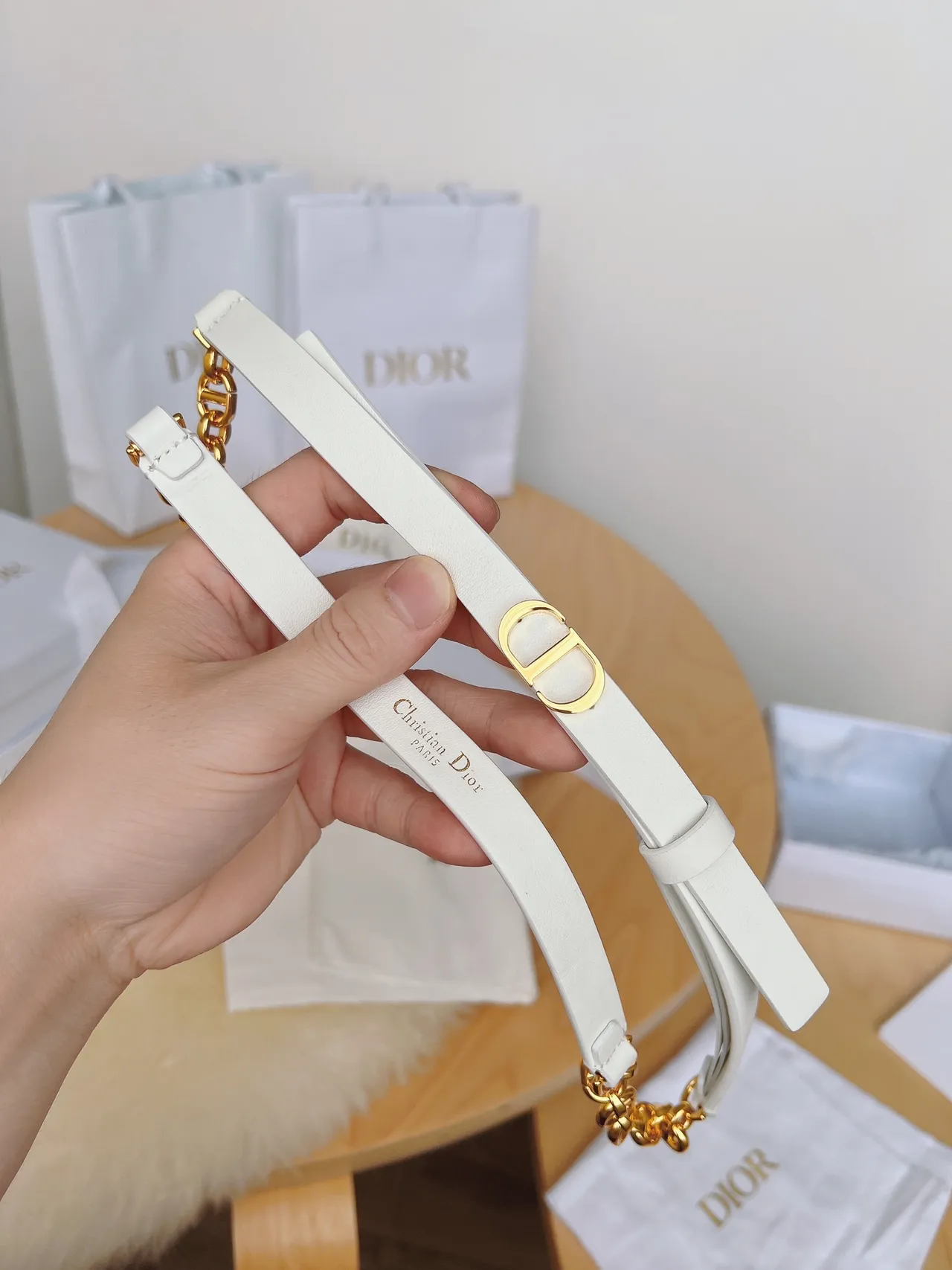 Dior Beige Gold Narrow CD Buckle Leather Belt 3