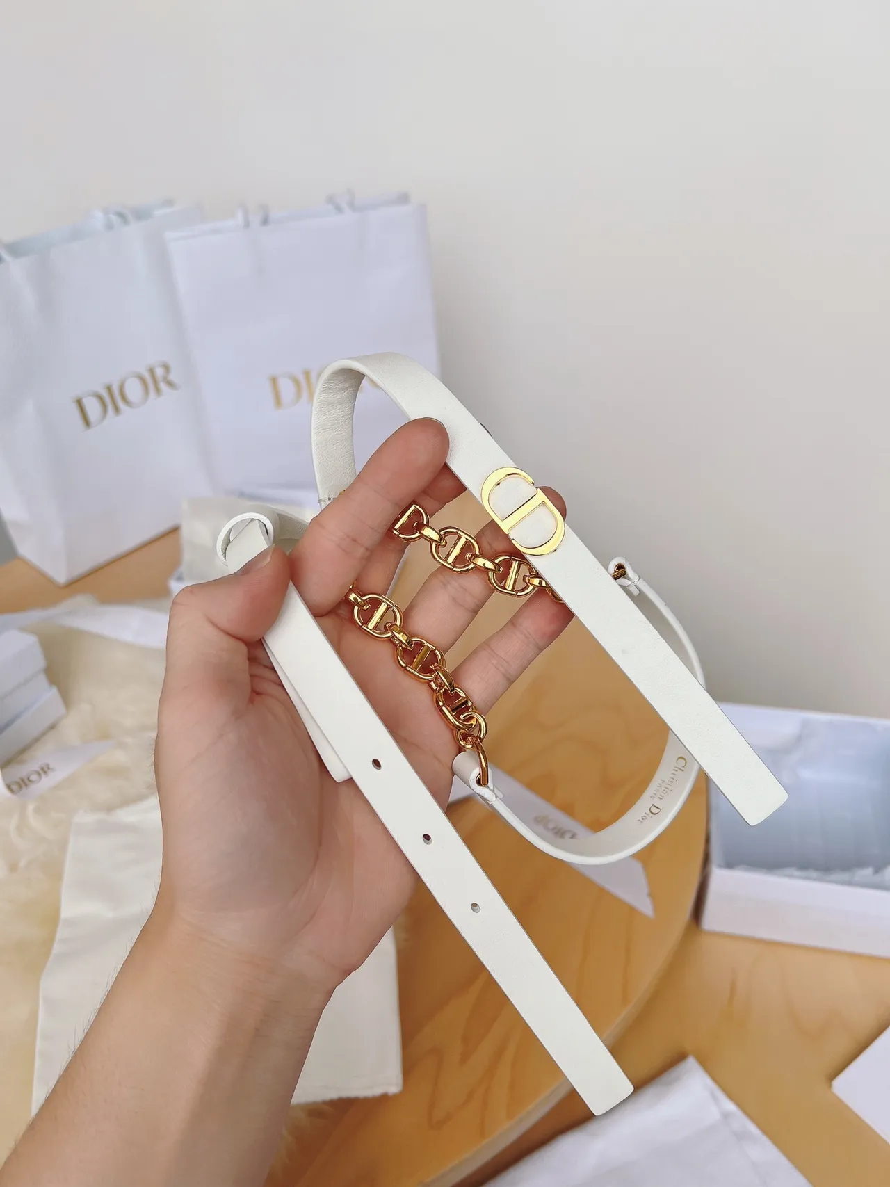 Dior Beige Gold Narrow CD Buckle Leather Belt 8