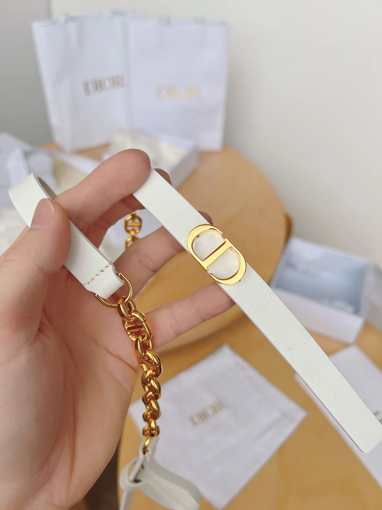 Dior Beige Gold Narrow CD Buckle Leather Belt 9