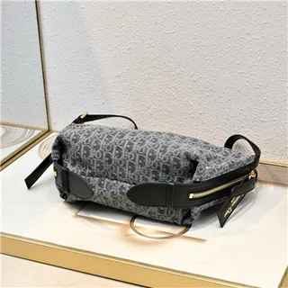 Dior Bolsa Preta Bege Monogrammada Lona Borda Couro Bolsa de Braço 24