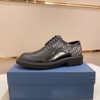 Dior Black Beige Polished Leather Oblique Monogram Side Panel Oxford Shoes